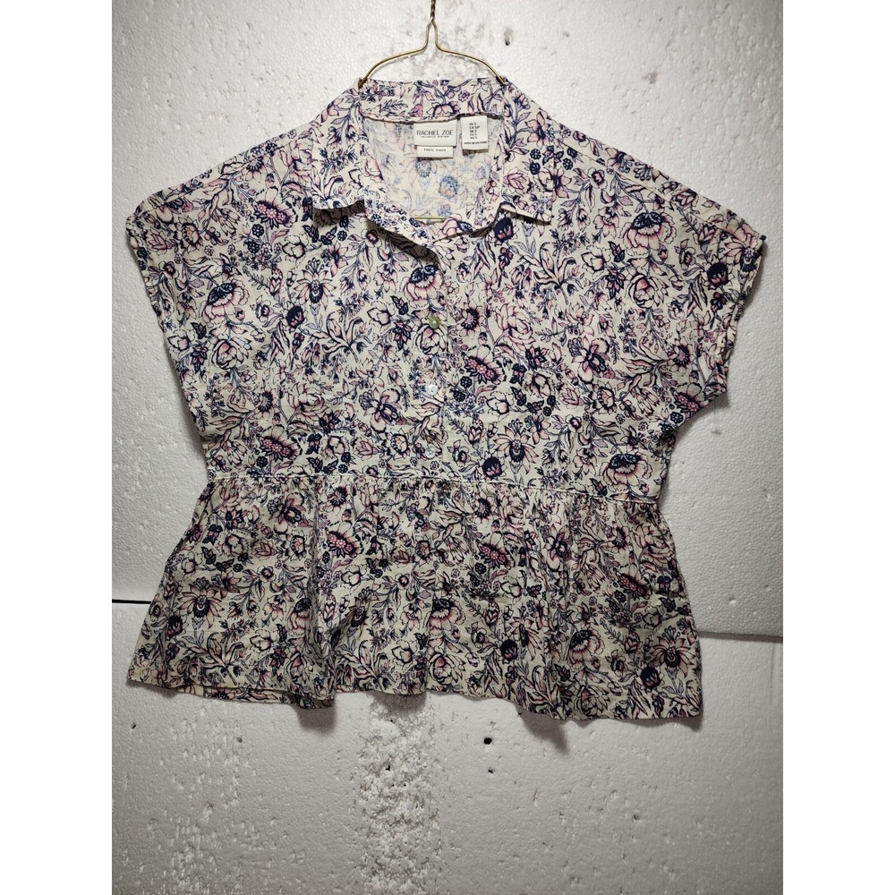 Rachel Zoe Top Small Beige Floral Blouse Tank Short Sleeve Casual 100 % Linen
